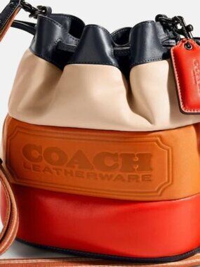 Coach Colorblock Pillow Quilted Field Bucket Bag - Orange Cream Tan Navy-Rare